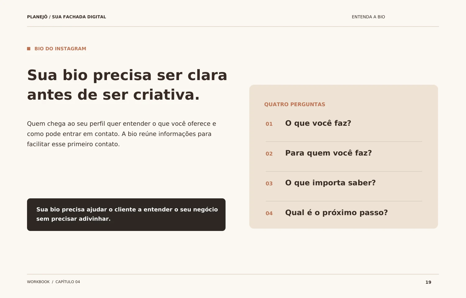 Página real do workbook: Orientações para revisar sua bio