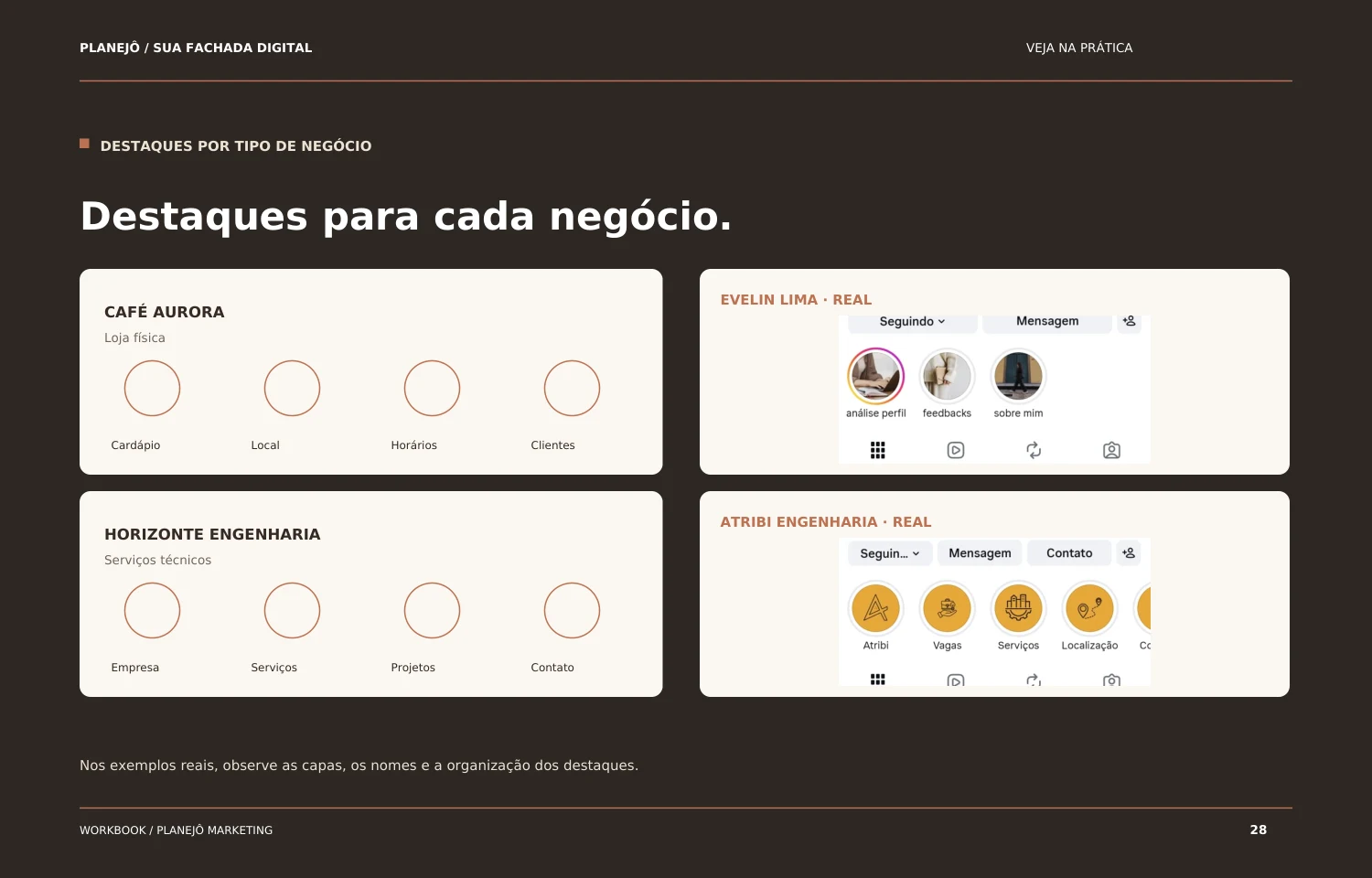 Página real do workbook: Exemplos para visualizar os ajustes