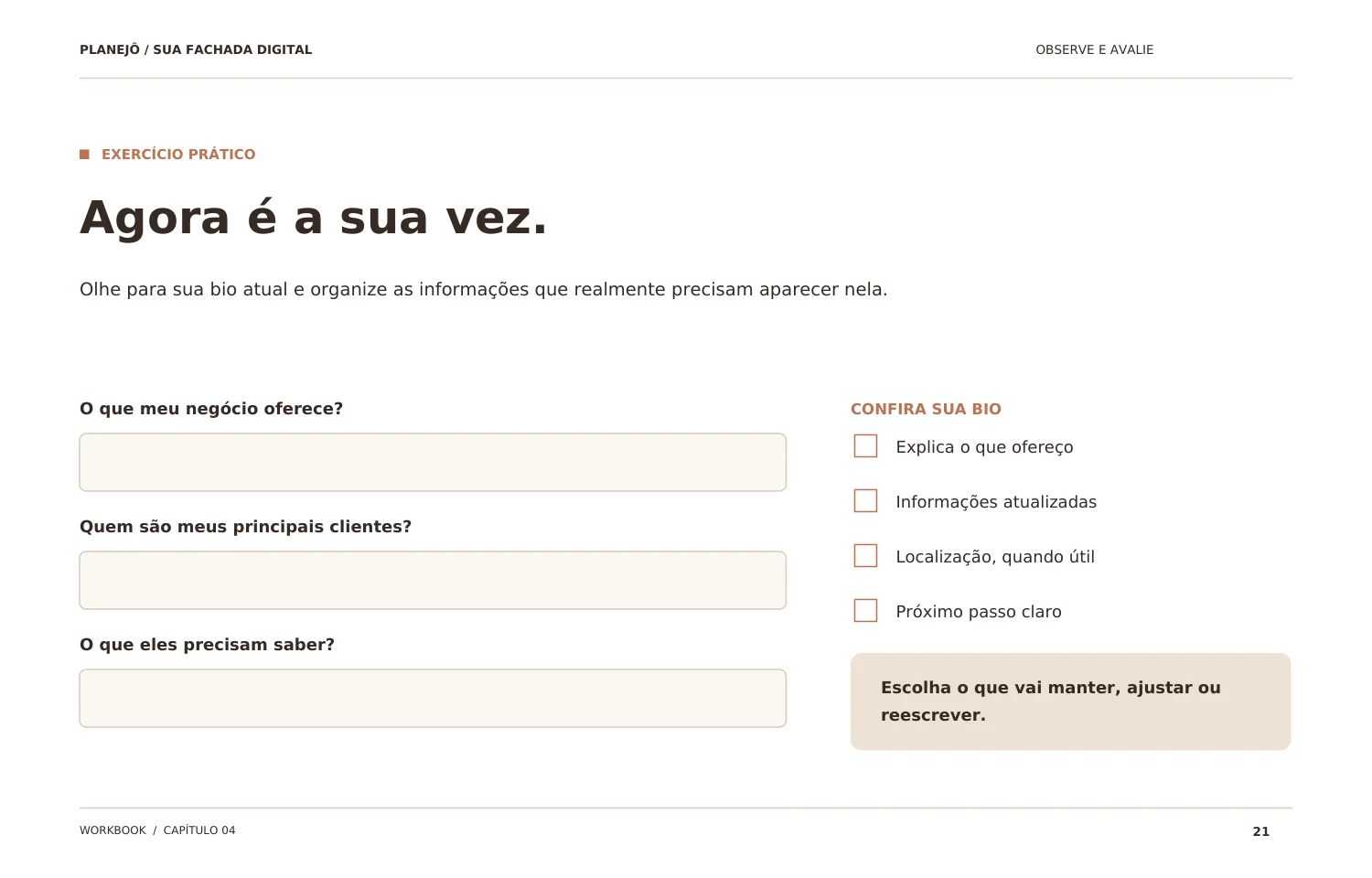 Página real do workbook: Espaço para colocar em prática